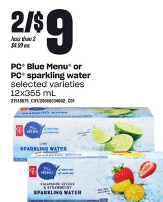 Loblaws Pc blue menu or pc sparkling water, 12x355 ml offer