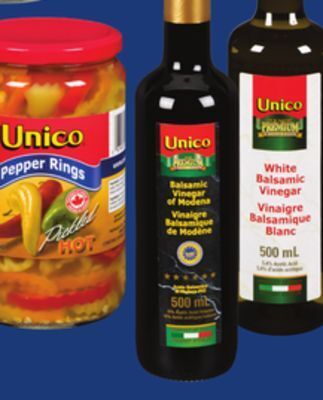 Loblaws Unico balsamic & white balsamic vinegar, 500 ml or unico hot pepper rings, 750 ml offer