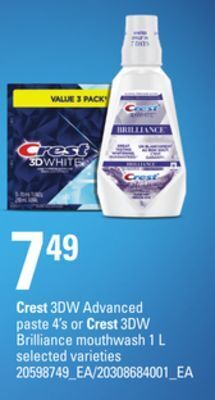 Loblaws Crest 3dw advanced paste, 4's or crest 3dw brilliance mouthwash, 1 l offer