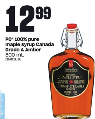 Loblaws Pc 100% pure maple syrup canada grade a amber, 500 ml offer
