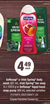 Loblaws Softsoap or irish spring body wash, 591 ml, irish spring bar soap, 6 x 104.8 g or softsoap liquid hand soap pump, 384 ml offer