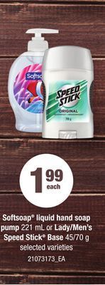 Loblaws Softsoap liquid hand soap pump, 221 ml or lady/men's speed stick base, 45/70 g offer