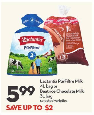 Longo's Lactantia pūrfiltre milk 4l bag or beatrice chocolate milk 3l bag offer