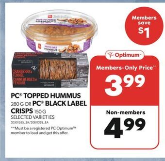 Real Canadian Superstore Pc topped hummus, 280 g or pc black label crisps, 150 g offer