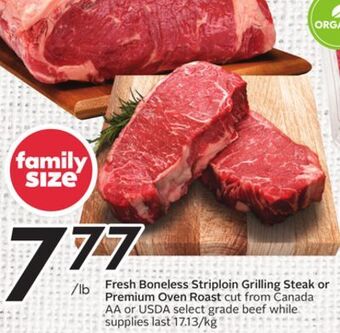 Sobeys Fresh boneless striploin grilling steak or premium oven roast offer