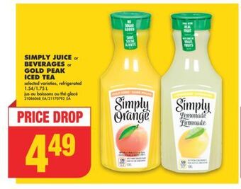 No Frills Simply juice or beverages or gold peak iced tea, 1.54/1.75 l offer