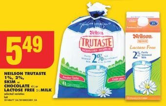 No Frills Neilson trutaste 1%, 2%, skim or chocolate, 4 l or lactose free, 2 l milk offer