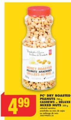 No Frills Pc dry roasted peanuts, 700 g, cashews or deluxe mixed nuts, 200 g offer
