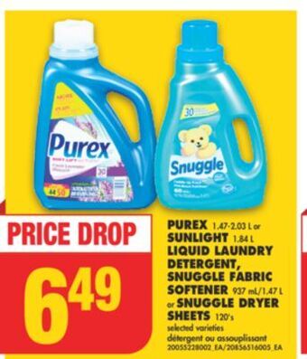 No Frills Purex, 1.47-2.03 l or sunlight, 1.84 l liquid laundry detergent, snuggle fabric softener, 937 ml/1.47 l or snuggle dryer shee offer