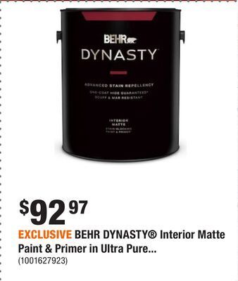 Home Depot Exclusive behr dynasty interior matte paint & primer in ultra pure white offer