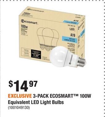 Home Depot Exclusive 3-pack ecosmart 100w equivalent led light bulbs offer