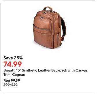 Staples Bugatti 15 synthetic leather backpack with canvas trim, cognac offer