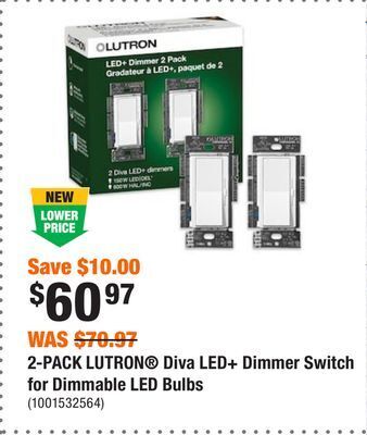 Home Depot 2-pack lutron diva led+ dimmer switch for dimmable led bulbs offer