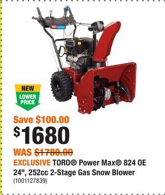 Home Depot Exclusive toro power max 824 oe 24, 252cc 2-stage gas snow blower offer