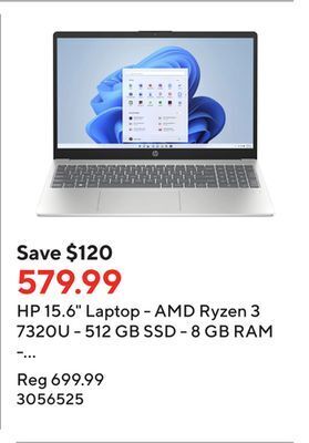 Staples Hp 15.6 laptop - amd ryzen 3 7320u - 512 gb ssd - 8 gb ram - windows 11 home offer