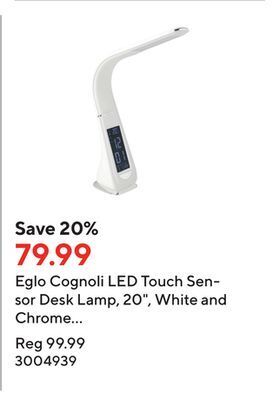 Staples Eglo cognoli led touch sensor desk lamp, 20, white and chrome finish with digital clock offer