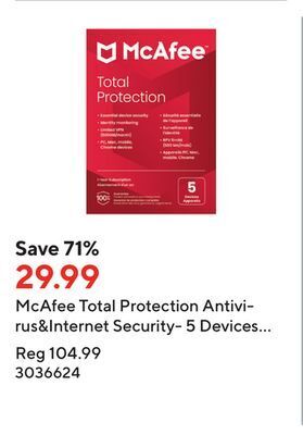 Staples Mcafee total protection antivirus&internet security- 5 devices (windows/mac/android/ios/chromeos)-1-year subscription (downlo offer