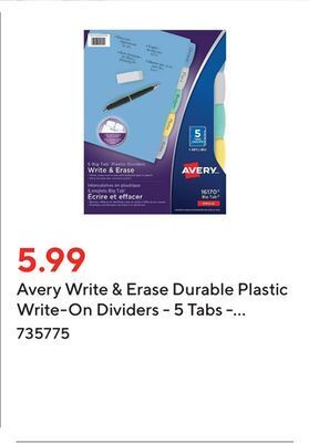 Staples Avery write & erase durable plastic write-on dividers - 5 tabs - multi-colour, 1 pack offer