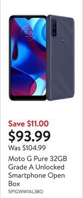Walmart Moto g pure 32gb grade a unlocked smartphone open box offer