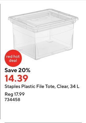 Staples Staples plastic file tote, clear, 34 l offer