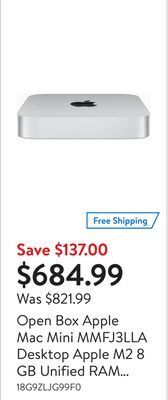 Walmart Open box apple mac mini mmfj3lla desktop apple m2 8 gb unified ram 256 gb ssd macos offer