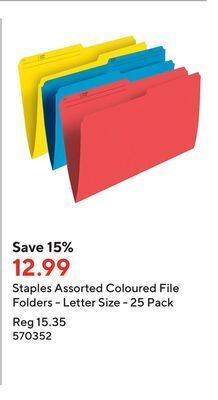 Staples Staples assorted coloured file folders - letter size - 25 pack offer