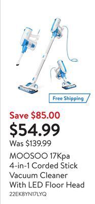 Walmart Moosoo 17kpa 4-in-1 corded stick vacuum cleaner with led floor head offer