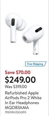 Walmart Refurbished apple airpods pro 2 white in ear headphones mqd83ama offer