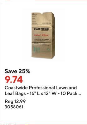 Staples Coastwide professional lawn and leaf bags - 16 l x 12 w - 10 pack - (rbr300610ap) offer