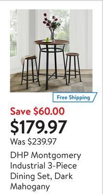 Walmart Dhp montgomery industrial 3-piece dining set, dark mahogany offer