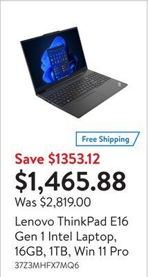 Walmart Lenovo thinkpad e16 gen 1 intel laptop, 16gb, 1tb, win 11 pro offer