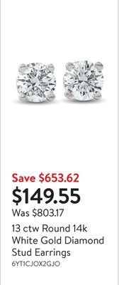 Walmart 13 ctw round 14k white gold diamond stud earrings offer