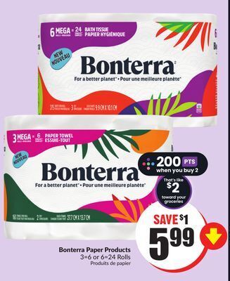 FreshCo Bonterra paper products 3=6 or 6=24 rolls offer