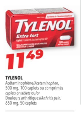 Familiprix Tylenol acetaminophen 500 mg, 100 caplets caplets or tablets or arthritis pain, 650 mg, 50 caplets offer