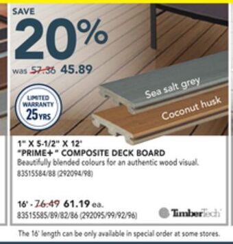 Réno Dépôt Timbertech pro 1 x 5-1/2 x 12' prime+ composite deck board offer
