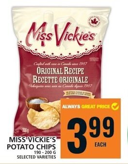 Food Basics MISS VICKIE'S POTATO CHIPS 190-200G offer