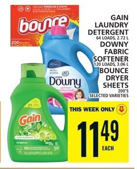 Food Basics GAIN LAUNDRY DETERGENT 64 LOADS, 2.72L, DOWNY FABRIC SOFTENER 120 LOADS, 3.06L, BOUNCE DRYER SHEETS 200'S offer