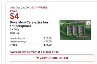 Costco Dove men+care extra fresh antiperspirant offer