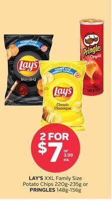 Rexall Lay's xxl family size potato chips 220g-235g or pringles 148g-156g offer