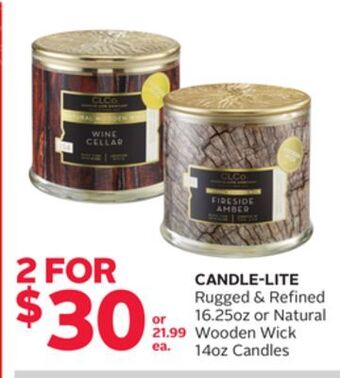 Rexall Candle-lite rugged & refined 16.25oz or natural wooden wick 14oz candles offer
