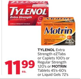 Rexall Tylenol extra strength eztabs or caplets 100' s or regular strength 120' s or motrin tablets 45' s-60' s or liquid gels 72' s offer