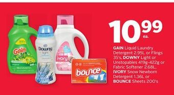 Rexall Gain liquid laundry detergent 2.95l or flings 35' s, downy light or unstopables 419g-422g or fabric softener 2.68l, ivory sno offer
