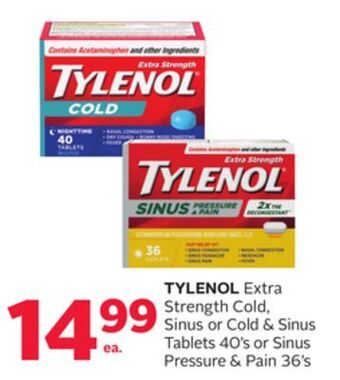 Rexall Tylenol extra strength cold, sinus or cold & sinus tablets 40' s or sinus pressure & pain 36' s offer