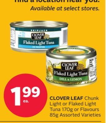 Rexall Clover leaf chunk light or flaked light tuna 170g or flavours 85g offer