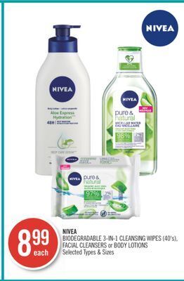 Shoppers Drug Mart Nivea biodegradable 3-in-1 cleansing wipes (40's), facial cleansers offer