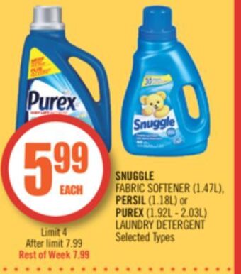 Shoppers Drug Mart Snuggle fabric softener (1.47l), persil (1.18l) or purex (1.92l - 2.03l) laundry detergent offer