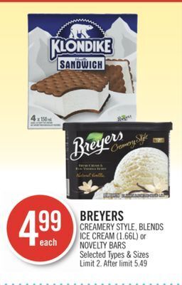 Shoppers Drug Mart Breyers creamery style, blends ice cream (1.66l) or novelty bars offer