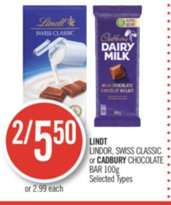 Shoppers Drug Mart Lindt lindor, swiss classic or cadbury chocolate bar offer