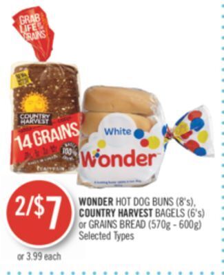 Shoppers Drug Mart Wonder hot dog buns (8's), country harvest bagels (6's) or grains bread (570g - 600g) offer