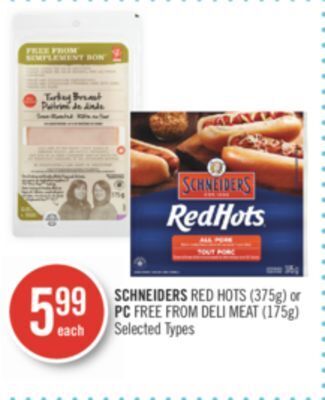 Shoppers Drug Mart Schneiders red hots (375g) or pc free from deli meat (175g) offer